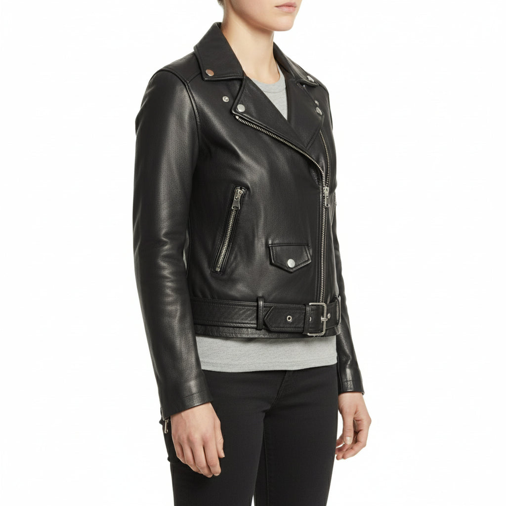 model-side-view - Women black Biker leather Jacket, Sheepskin Belted jacket for women