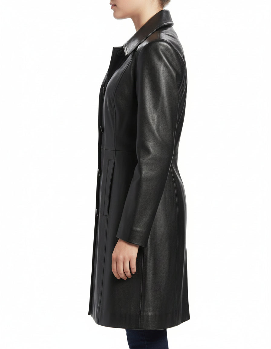 model-side-view - Women Black Color Genuine Lamb Skin Walking Coat, Black Long Coat