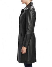 model-side-view - Women Black Color Genuine Lamb Skin Walking Coat, Black Long Coat