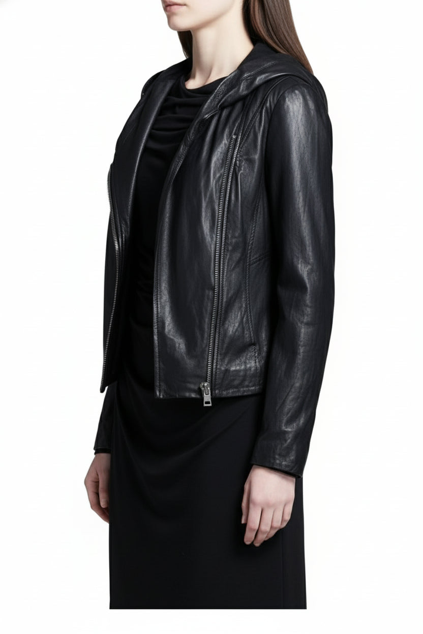 model-side-view - Women Black Hooded Leather Jacket, Leather Jackets, Hoodies