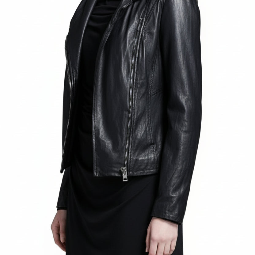 model-side-view - Women Black Hooded Leather Jacket, Leather Jackets, Hoodies