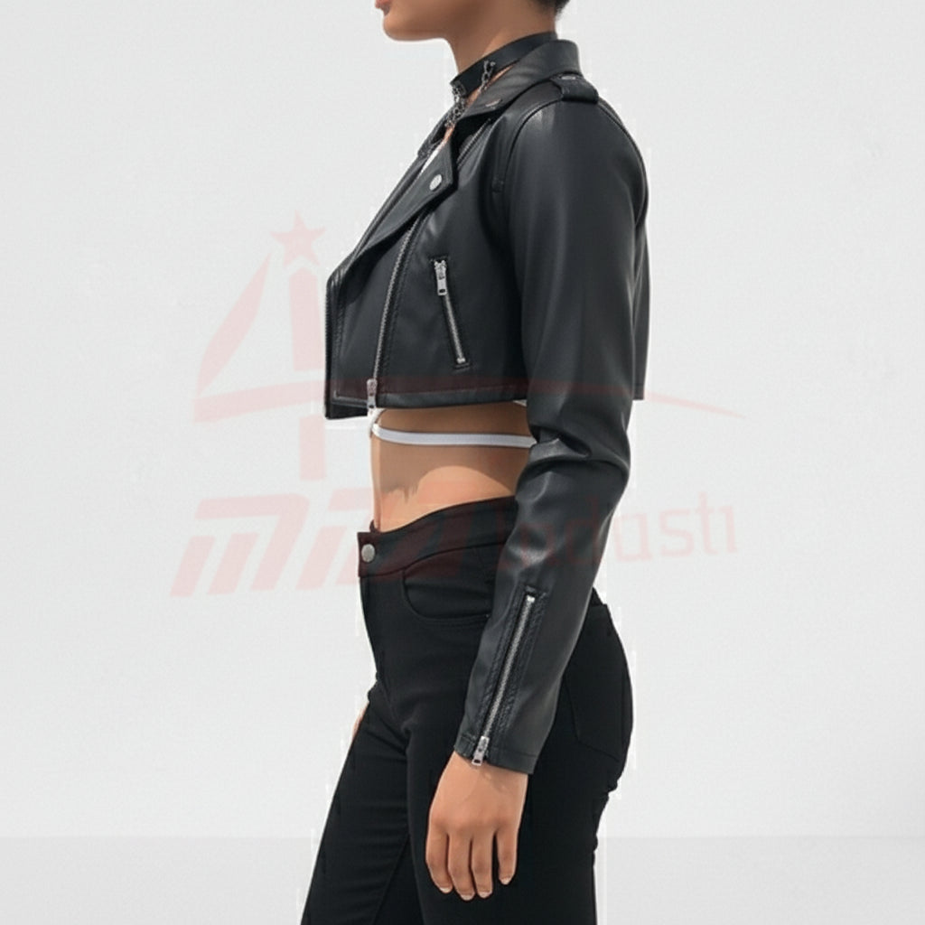 model-side-view - Women Black Leather Cropped Biker Jacket, Chic fashion cropped jacket