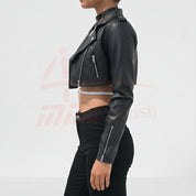 model-side-view - Women Black Leather Cropped Biker Jacket, Chic fashion cropped jacket