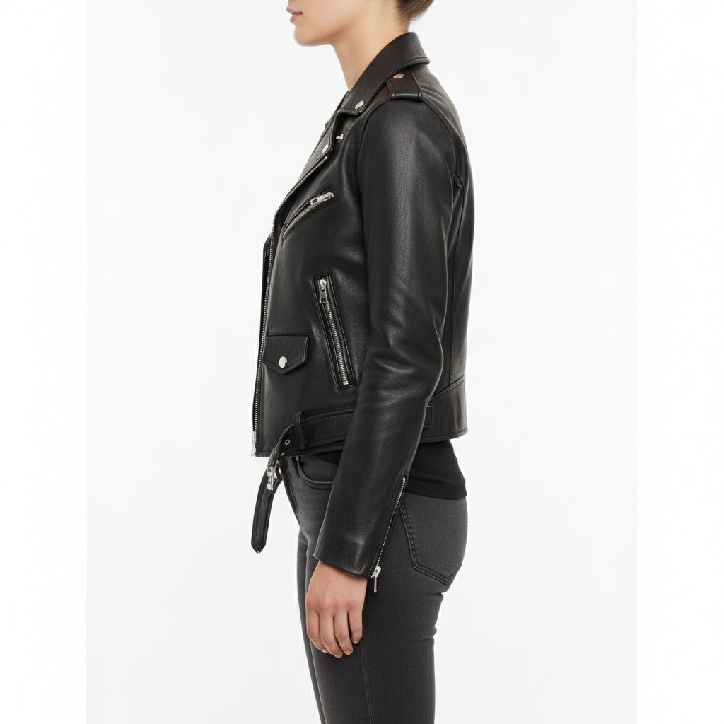 model-side-view - Women Black Leather moto Jacket, Womens Fashion black leather belted Jacket