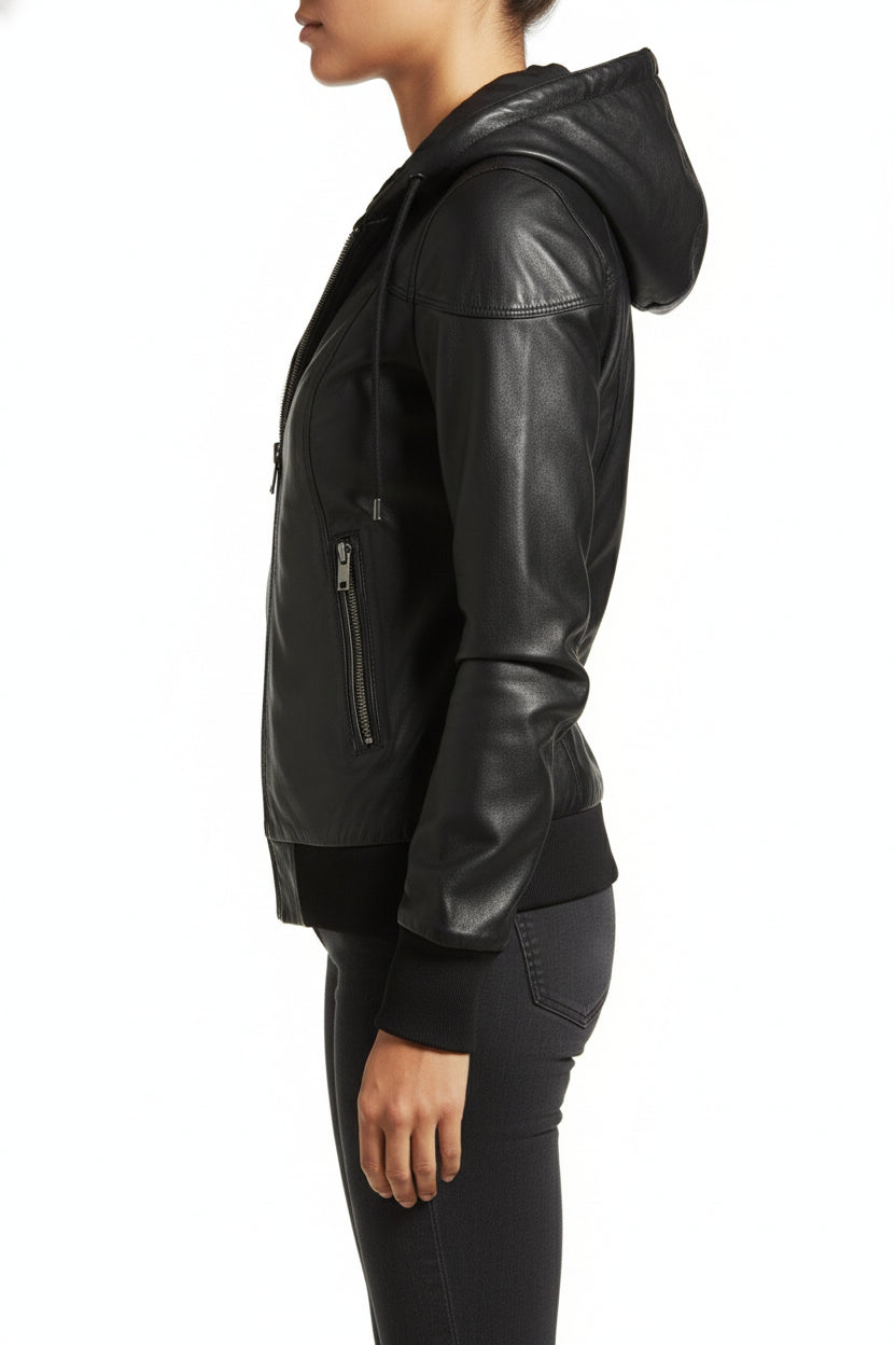 model-side-view - Women Black Removable Hooded Black Leather Jacket, Biker Style Jacket