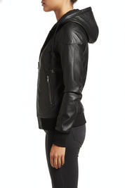 model-side-view - Women Black Removable Hooded Black Leather Jacket, Biker Style Jacket