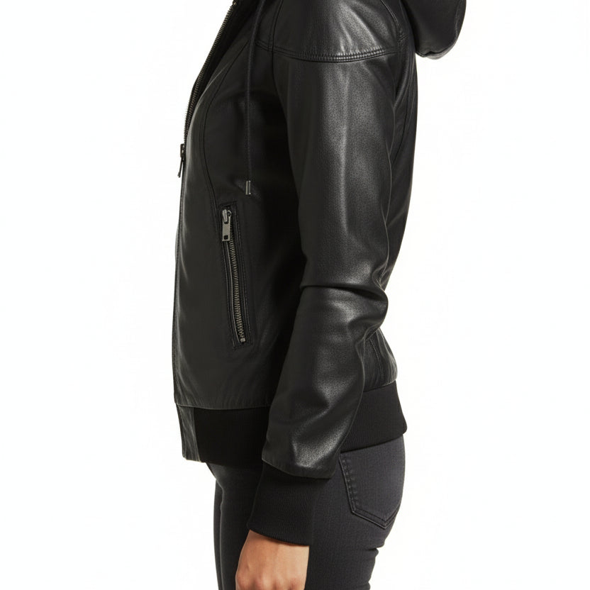model-side-view - Women Black Removable Hooded Black Leather Jacket, Biker Style Jacket