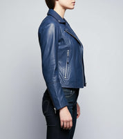 model-side-view - Women Blue Leather Slimfit Biker Fashion Jacket, Party Jacket for Women