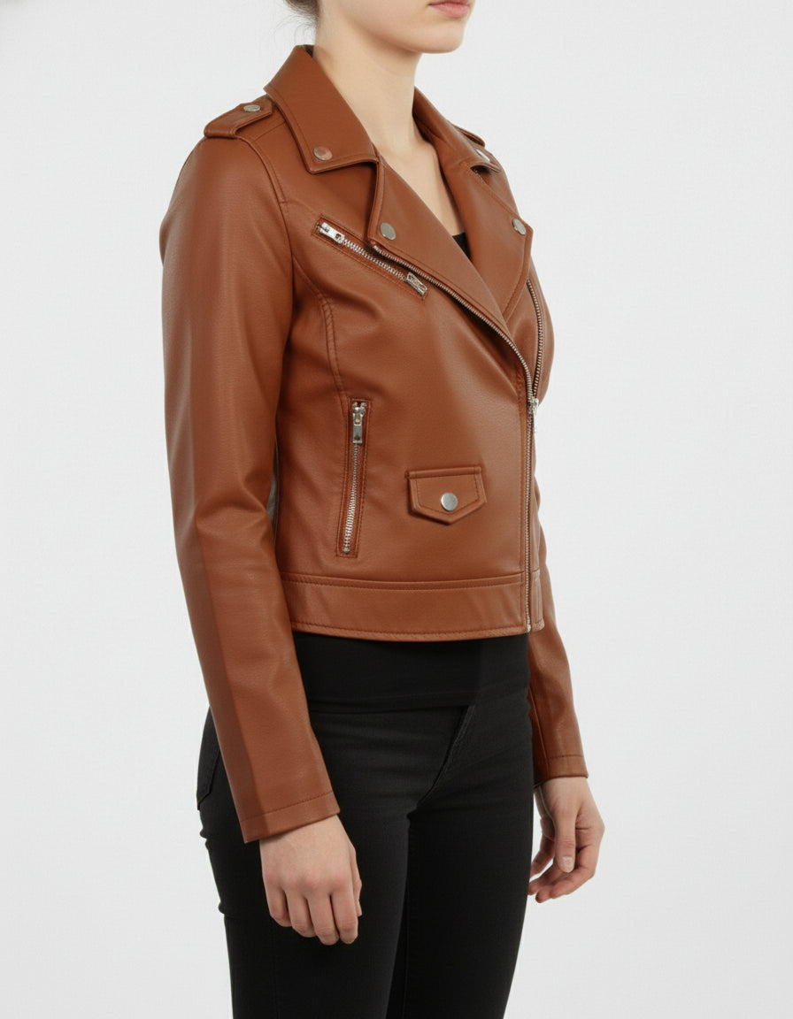 model-side-view - Women brown leather cropped biker jacket, Cropped Belted Fashion Jacket