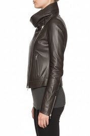 model-side-view - Women Brown Wide Collar Leather Jacket, Fashion Leather Jacket