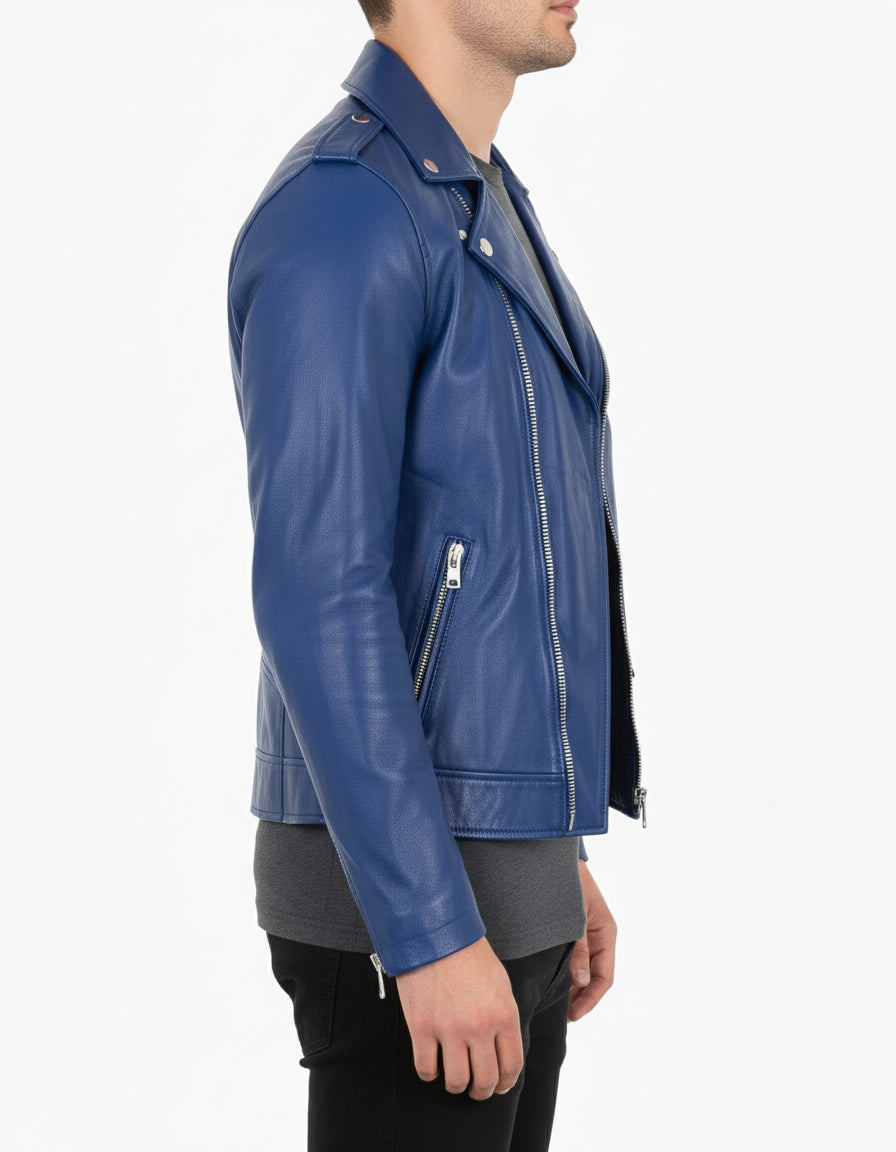 model-side-view - Women Fashion Leather Jacket Blue Leather Jacket, Biker Style Jacket