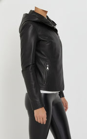 model-side-view - Women's Asymmetrical Moto Leather Jacket, Leather Hooded Jacket, Women's Biker Jacket, Women's Motorcycle Jacket
