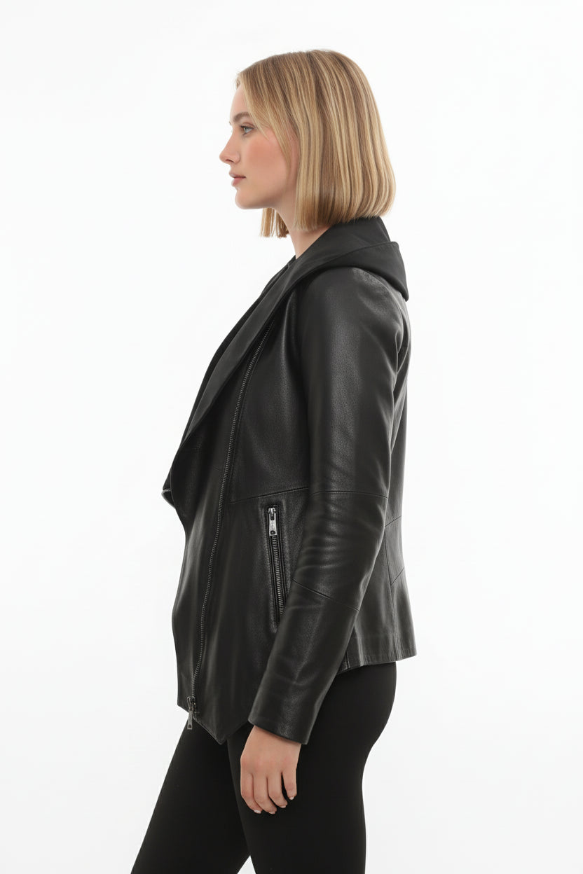 model-side-view - Women's Asymmetrical Zip Leather Jacket, Women's Leather Biker Jacket, Women's Moto Jacket, Leather Motorcycle Jacket
