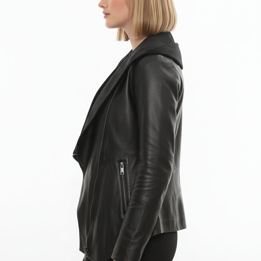 model-side-view - Women's Asymmetrical Zip Leather Jacket, Women's Leather Biker Jacket, Women's Moto Jacket, Leather Motorcycle Jacket