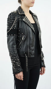 model-side-view - Women's Biker Leather Jacket, Custom Moto Jacket, Handmade Leather Jacket, Punk Style Biker Jacket