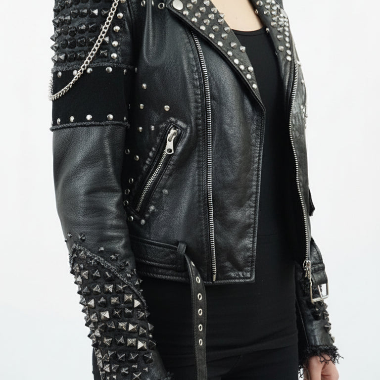 model-side-view - Women's Biker Leather Jacket, Custom Moto Jacket, Handmade Leather Jacket, Punk Style Biker Jacket