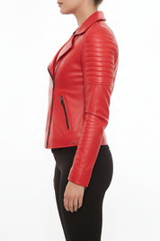 model-side-view - Women's Biker Leather Jacket, Women's Moto Jacket, Red Leather Jacket, Handmade Biker Jacket