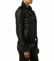 model-side-view - Women's Biker Quilted Black Leather Jacket