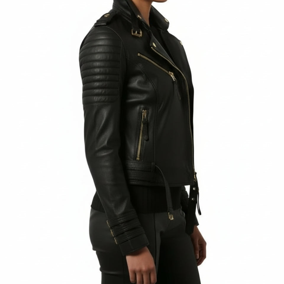 model-side-view - Women's Biker Quilted Black Leather Jacket