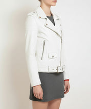 model-side-view - Women's Biker Style White Lambskin Leather Jacket