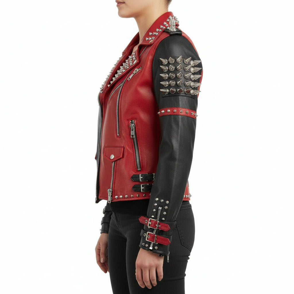 model-side-view - Women's Black and red spikes Zipper Real Cowhide Motorbike Leather Jacket