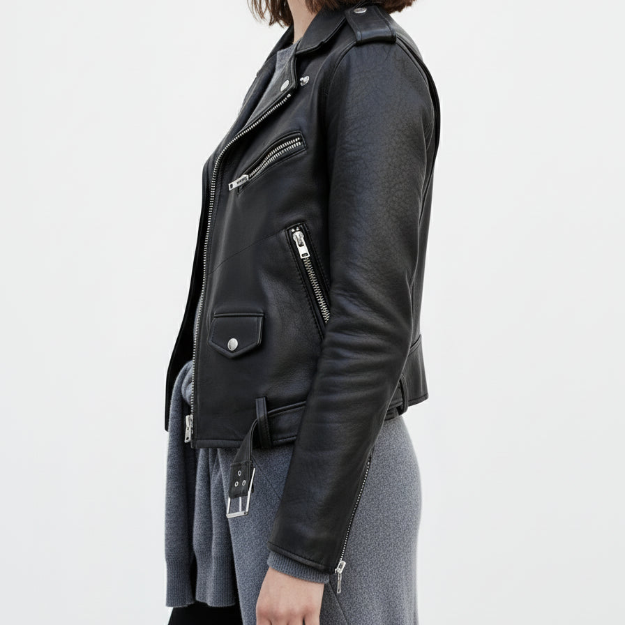 model-side-view - Women's Black Leather Biker Jacket