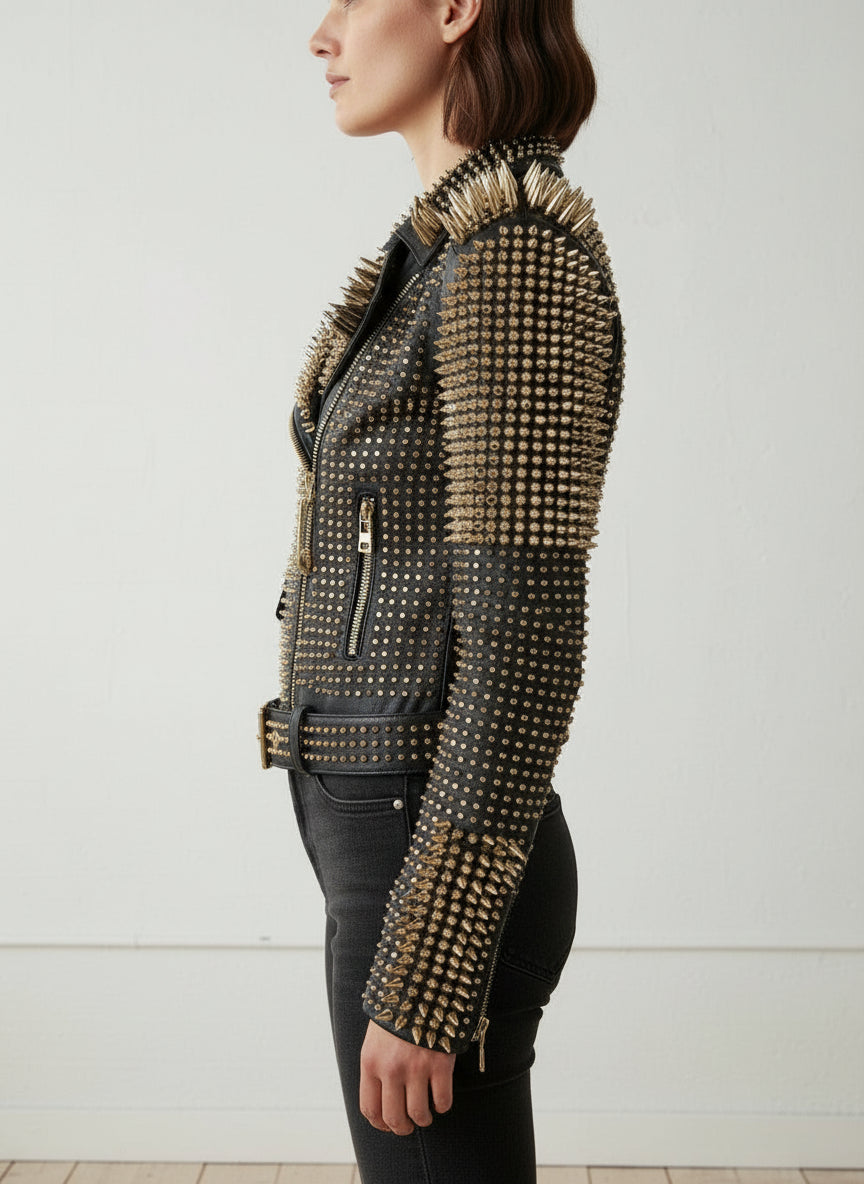 model-side-view - Women's black Punk studded Brando biker Leather Jacket Women studded jacket