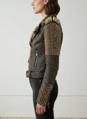 model-side-view - Women's black Punk studded Brando biker Leather Jacket Women studded jacket