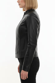 model-side-view - Women's Cafe Racer Leather Jacket, Women's Biker Jacket, Leather Moto Jacket, Handmade Leather Jacket