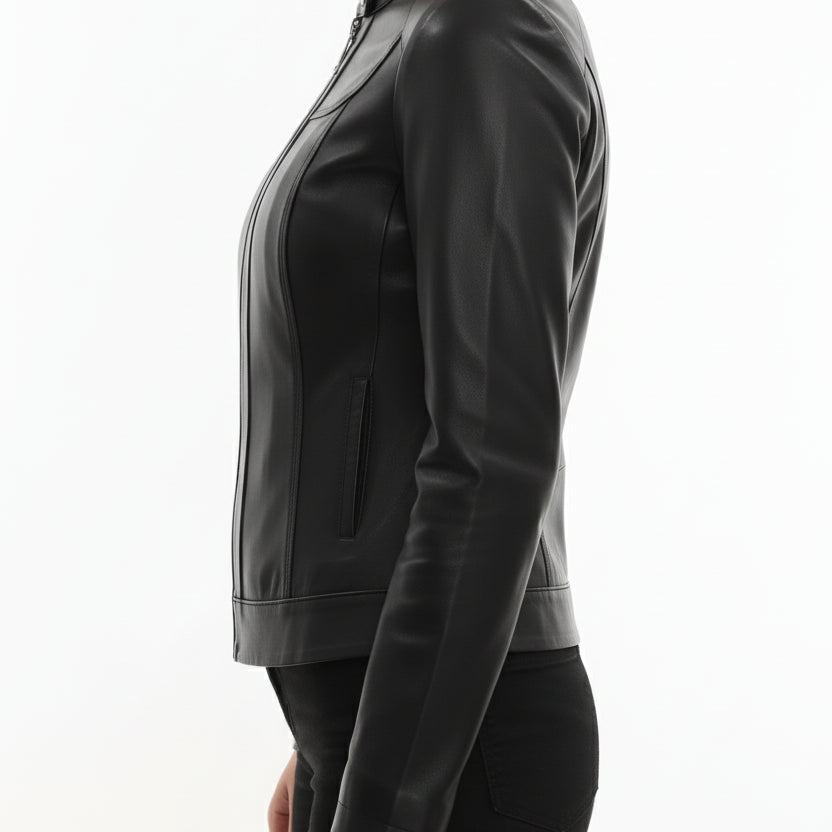 model-side-view - Women's Cafe Racer Leather Jacket, Women's Biker Jacket, Leather Moto Jacket, Handmade Leather Jacket