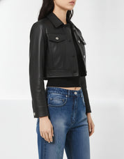 model-side-view - Women's Cropped Black Leather Jacket with Buttoned Closure