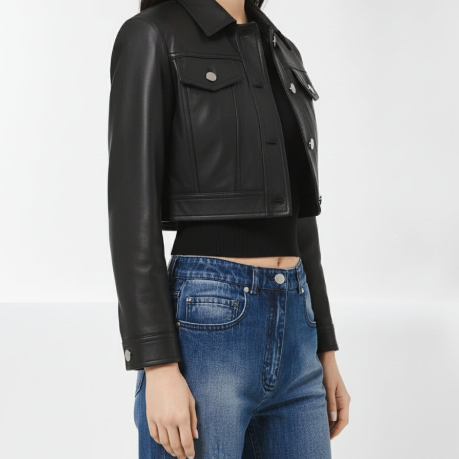 model-side-view - Women's Cropped Black Leather Jacket with Buttoned Closure