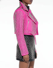 model-side-view - Women's Hot Pink Studded Leather Moto Jacket