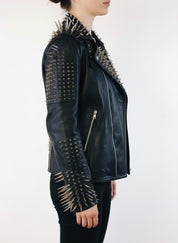 model-side-view - Women's Long Spiked/Studded Black Leather Biker Jacket