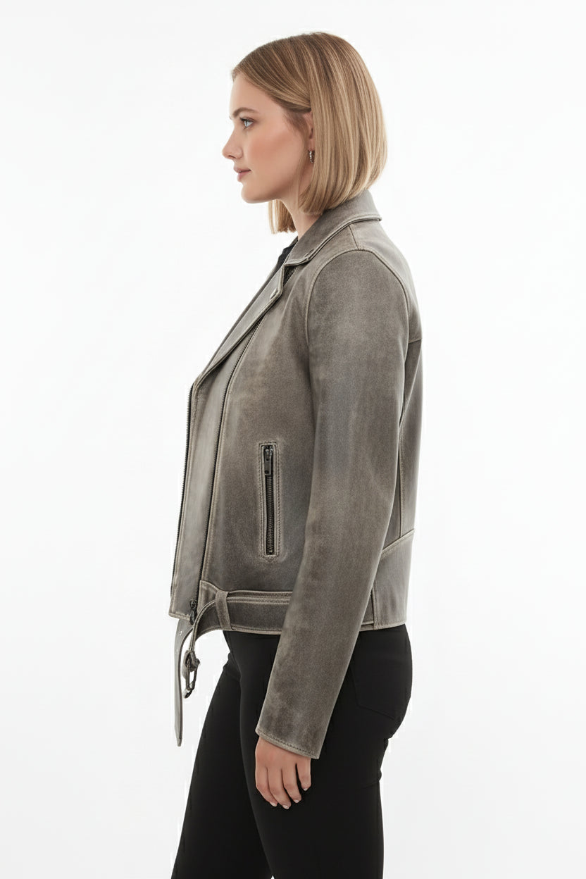 model-side-view - Women's Moto Jacket, Leather Motorcycle Jacket, Women's Biker Leather Jacket, Distressed Leather Moto Jacket