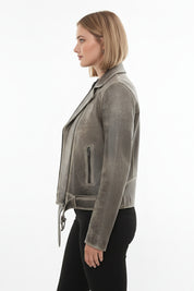 model-side-view - Women's Moto Jacket, Leather Motorcycle Jacket, Women's Biker Leather Jacket, Distressed Leather Moto Jacket