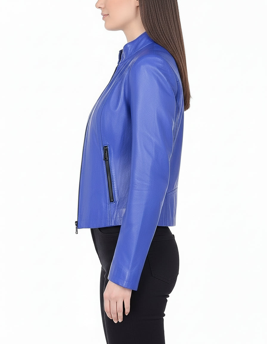model-side-view - Women's Moto Leather Jacket, Bright Blue Biker Jacket, Stylish Leather Motorcycle Jacket, Handmade Women's Leather Jacket