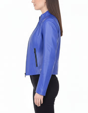 model-side-view - Women's Moto Leather Jacket, Bright Blue Biker Jacket, Stylish Leather Motorcycle Jacket, Handmade Women's Leather Jacket