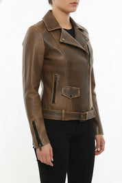 model-side-view - Women's Moto Leather Jacket, Distressed Biker Jacket, Handmade Motorcycle Jacket, Vintage Leather Jacket