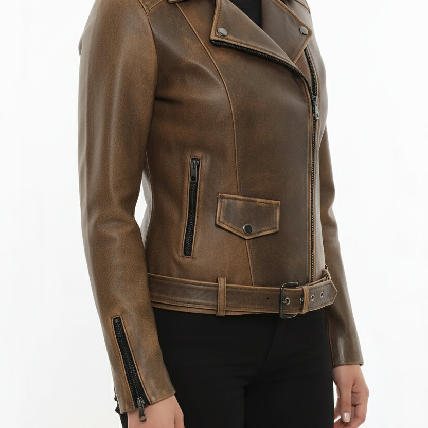 model-side-view - Women's Moto Leather Jacket, Distressed Biker Jacket, Handmade Motorcycle Jacket, Vintage Leather Jacket