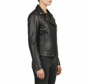 model-side-view - Women's Moto Leather Jacket, Leather Biker Jacket, Women's Motorcycle Jacket, Women's Asymmetrical Zip Jacket
