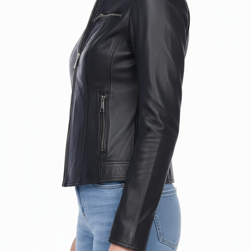model-side-view - Women's Moto Leather Jacket, Women's Motorcycle Jacket, Women's Biker Jacket, Women's Leather Jacket
