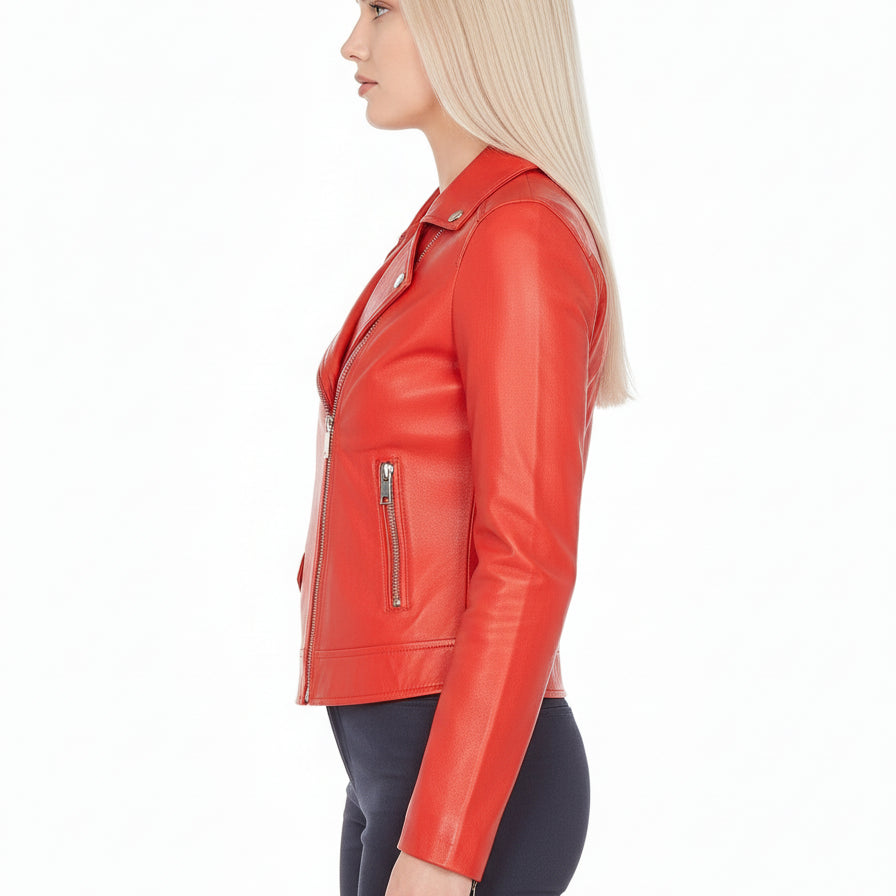 model-side-view - Women's Moto Leather Jacket, Women's Motorcycle Jacket, Leather Biker Jacket, Women's Leather Moto Jacket