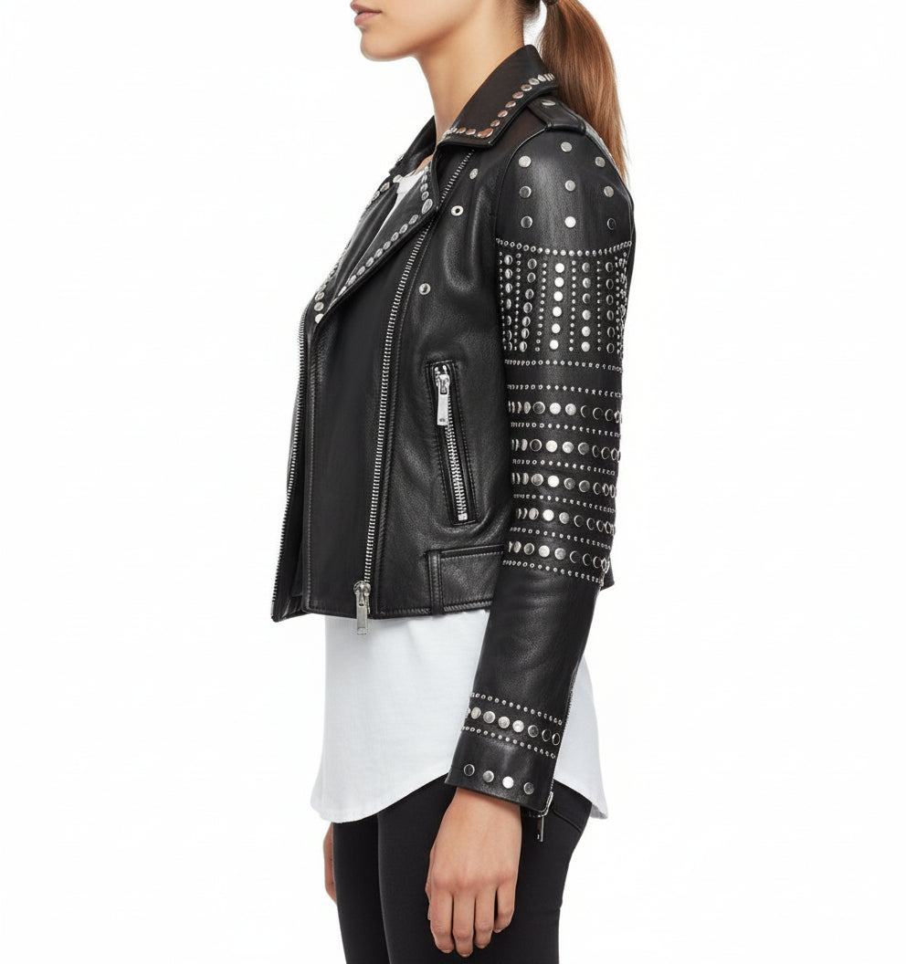 model-side-view - Women's Stylish Black Leather Jacket with Silver Studs