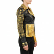 model-side-view - Women's two tone Punk golden Studded Real Cowhide Motorbike Leather Jacket