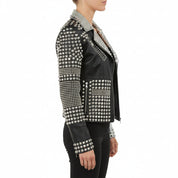 model-side-view - Women's Two Tone Punk Studded Leather Motorbike Jacket
