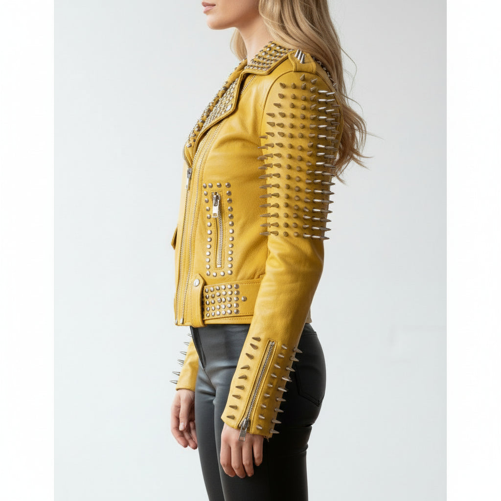 model-side-view - Women's Yellow Studded Spiked Cowhide Moto Jacket