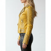 model-side-view - Women's Yellow Studded Spiked Cowhide Moto Jacket