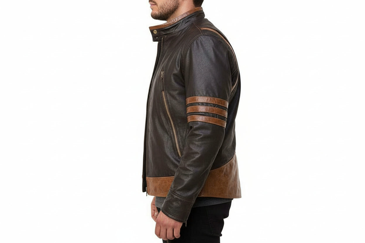 model-side-view - X Men Wolverine Leather Jacket, Xmen Wolverine Leather Jacket