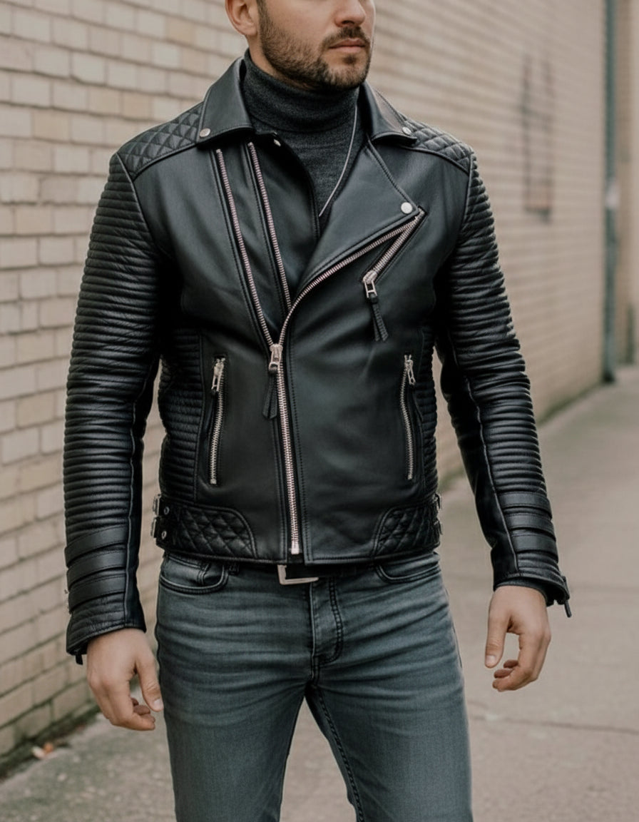 Handmade Men's Black Biker Leather Jacket, Black Sheep Leather Motorcycle Jacket for Men
